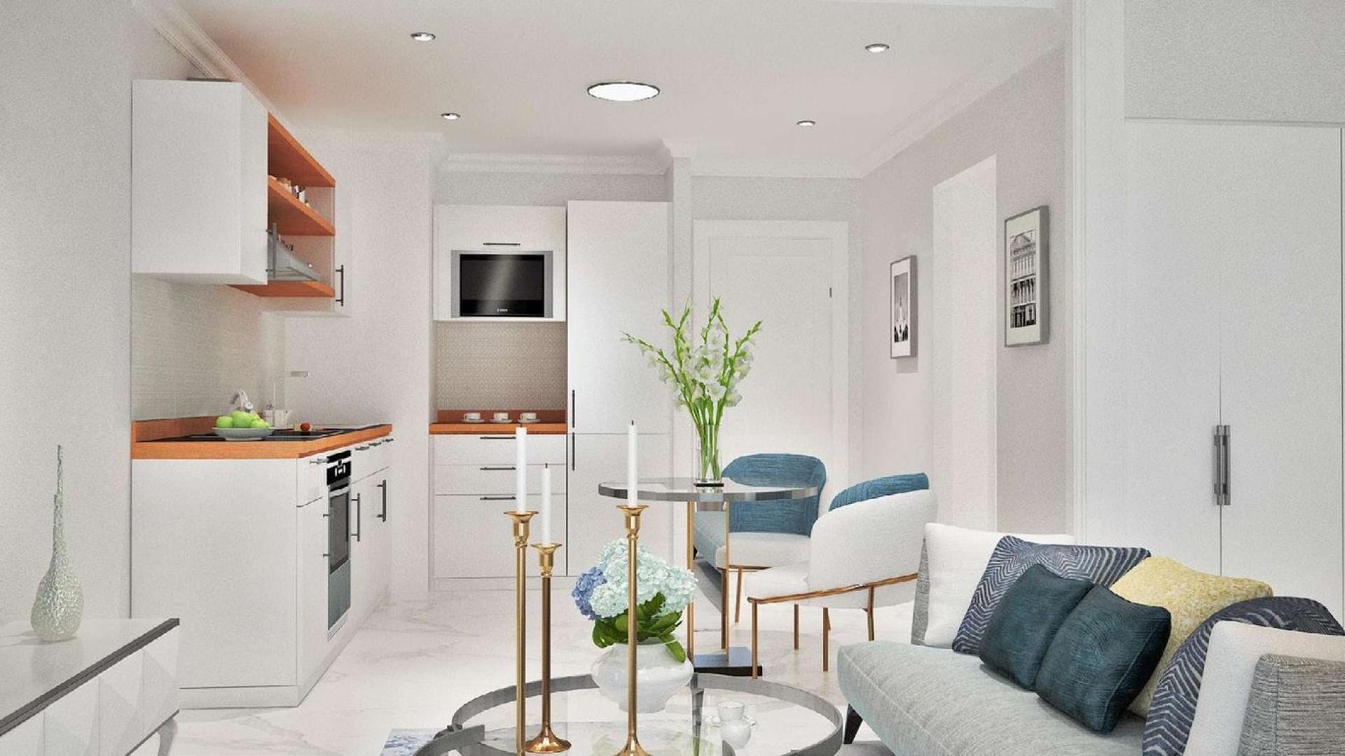 Modern living room and kitchen in Vincitore Benessere one-bedroom apartment, Arjan