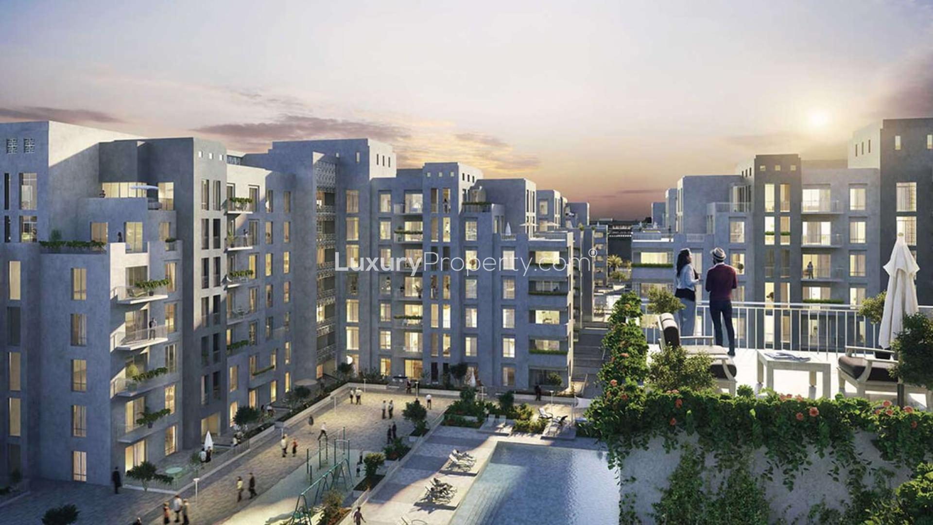 Stylish interior of one-bedroom apartment at Warda Apartments, Dubai Town Square for sale