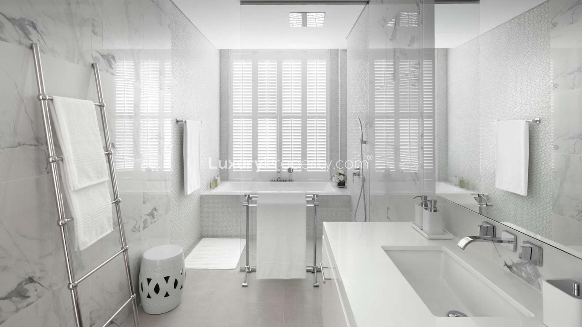 Luxurious bathroom in two-bedroom apartment, Seventh Heaven, Al Barari, marble finishes, modern design