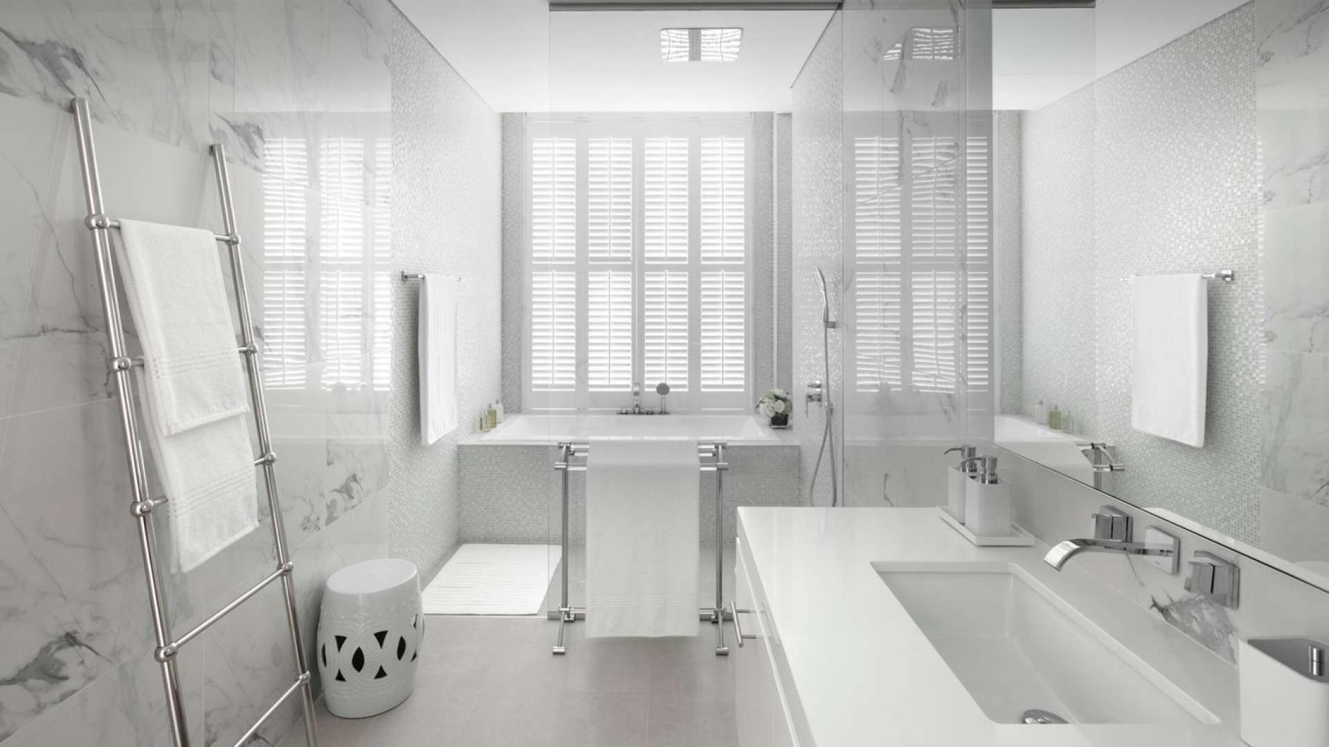 Luxurious bathroom in two-bedroom apartment, Seventh Heaven, Al Barari, marble finishes, modern design