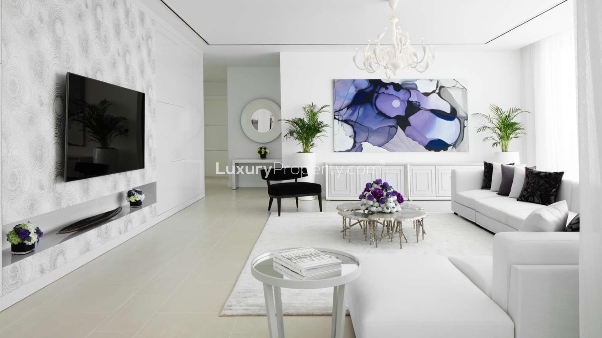 Luxurious living room in one-bedroom apartment, Seventh Heaven, Al Barari, elegant modern decor