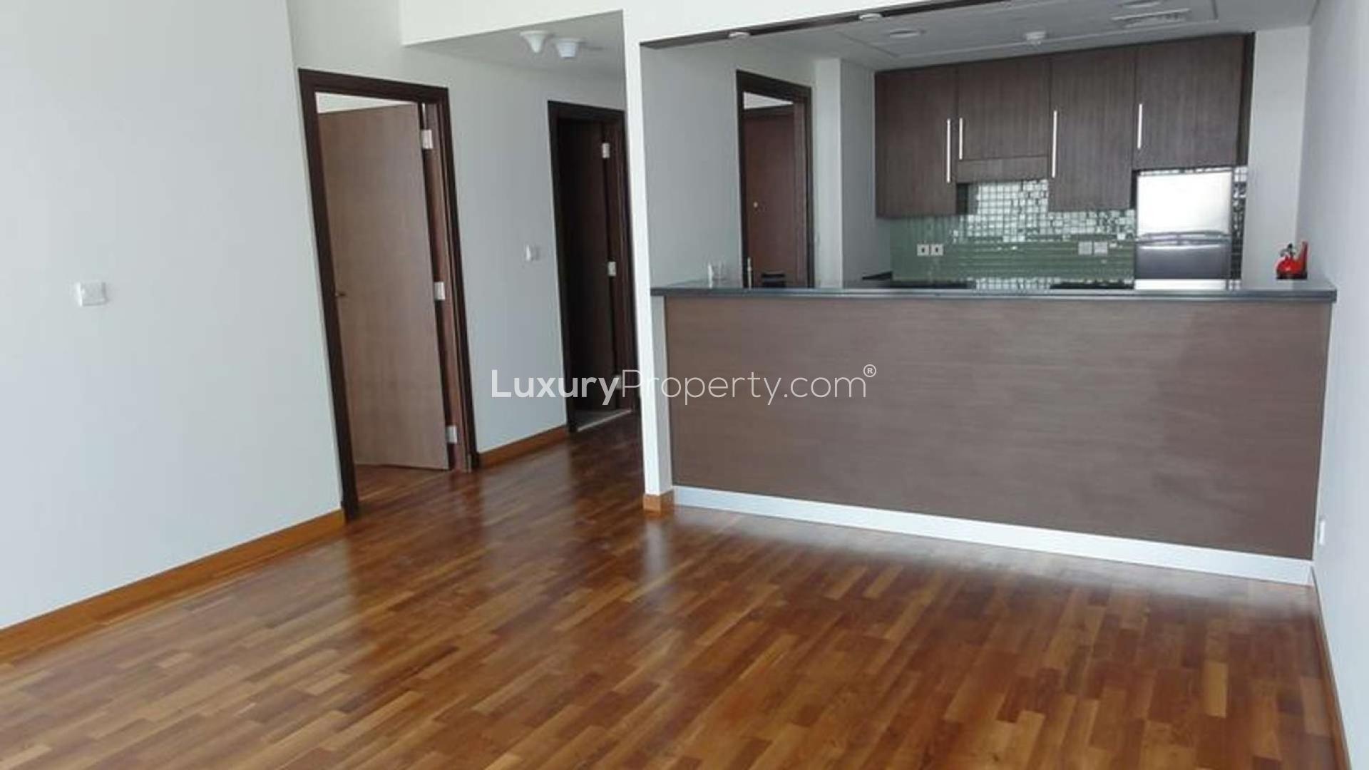 Balcony view from 1-bedroom apartment in Burj Daman, DIFC, overlooking city skyline