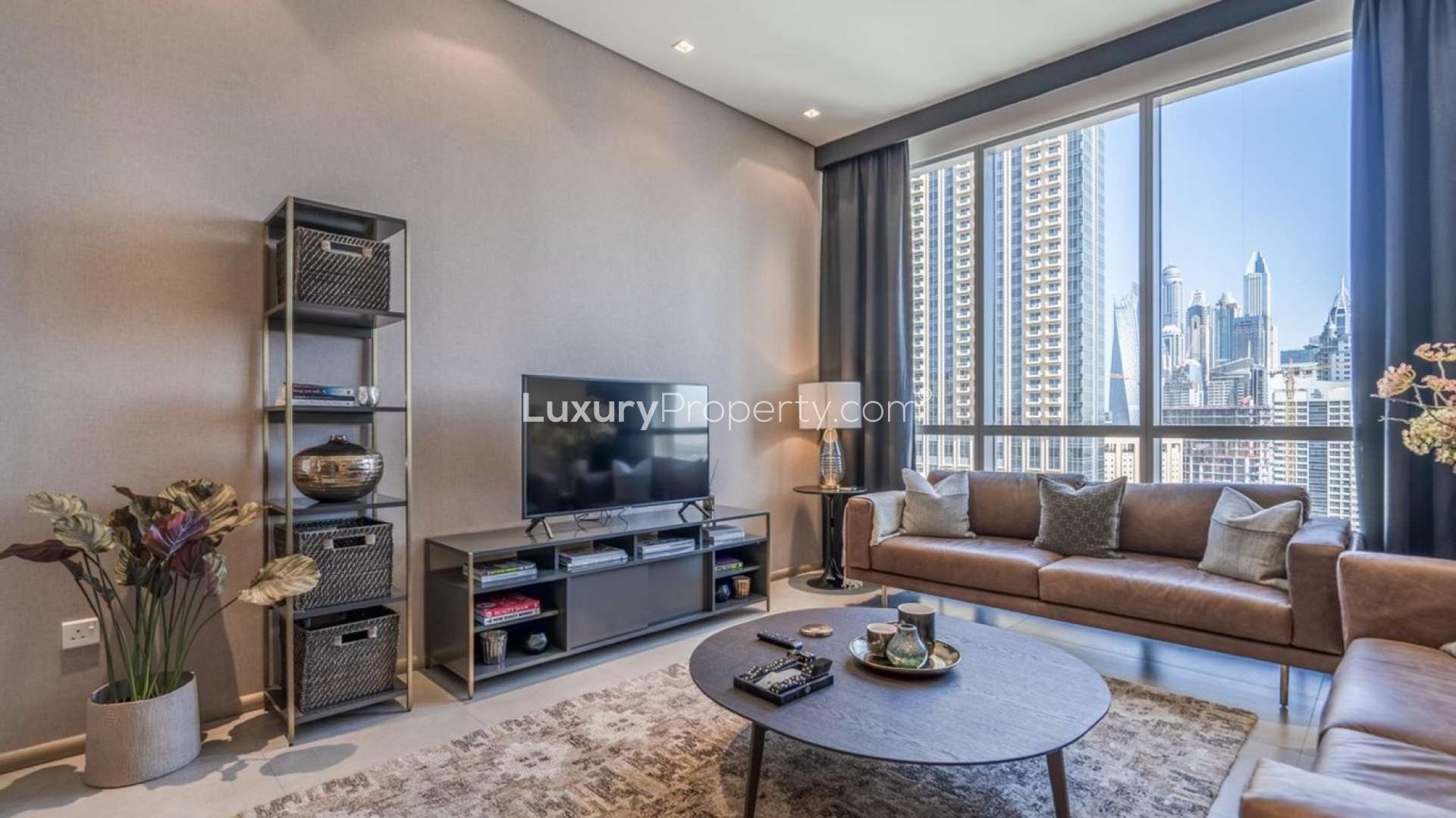 Sustainable penthouse living room with city view, Jumeirah Village Circle, Signature Livings