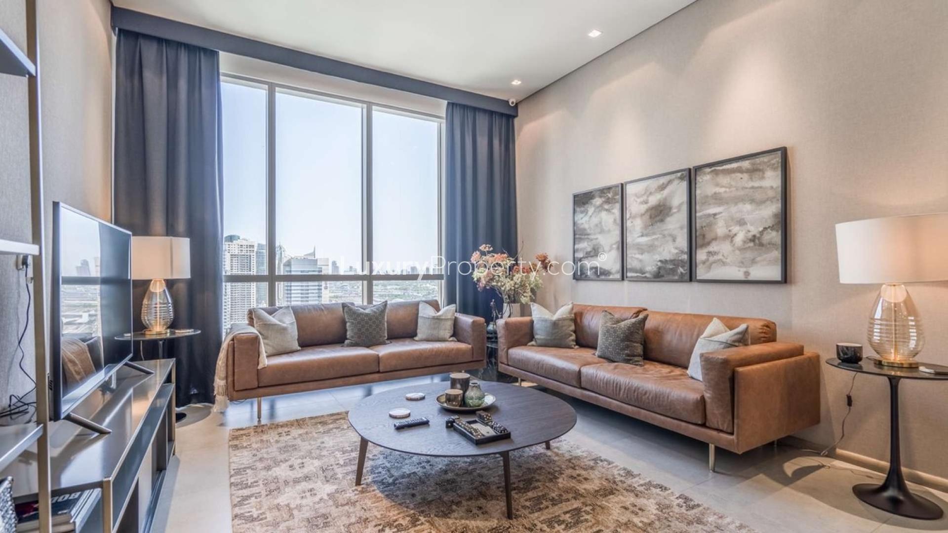 Modern living room in sustainable penthouse, Signature Livings, Jumeirah Village Circle, Dubai