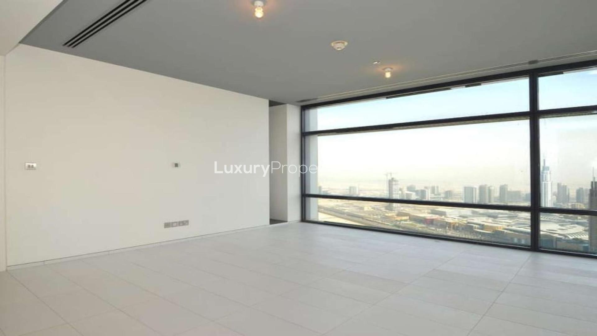 Modern open-plan living area in luxury one-bedroom apartment, Index Tower, DIFC, for sale