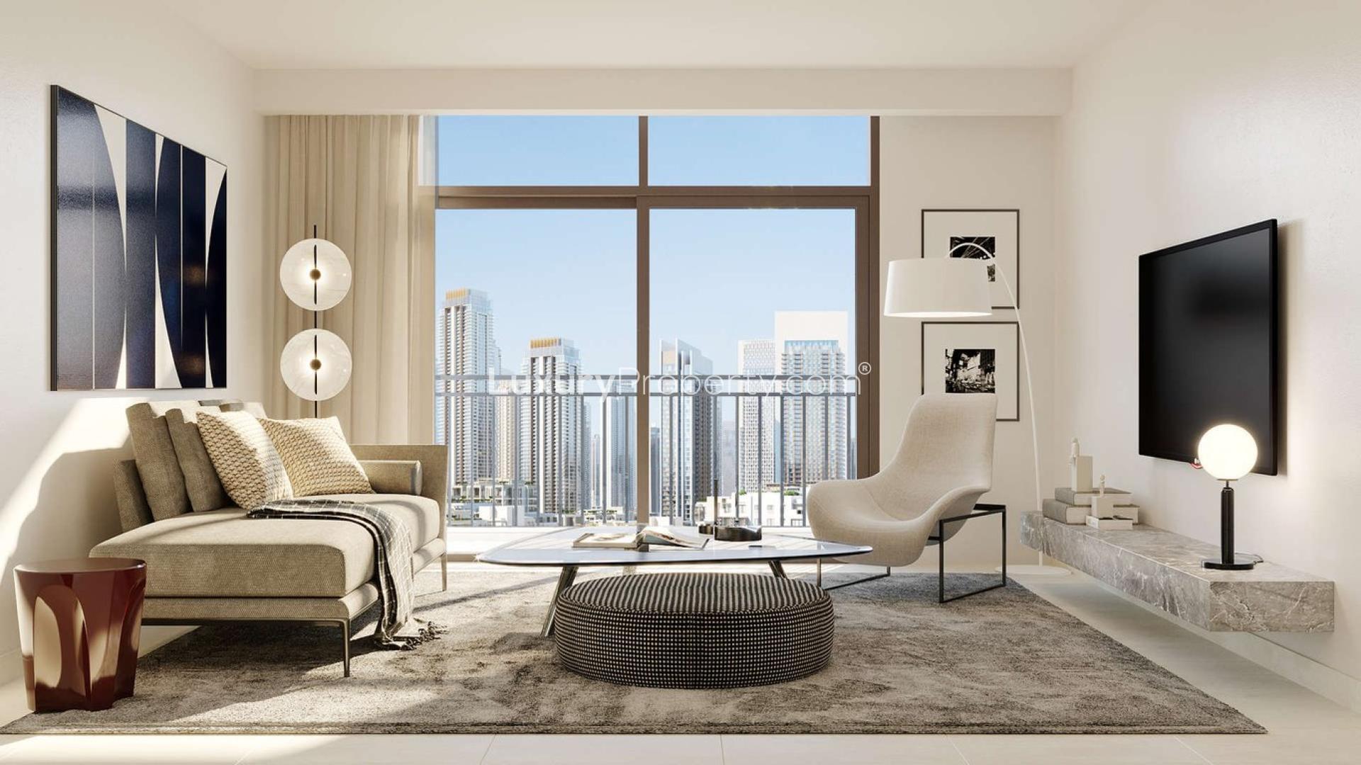 Modern living room in Creek Palace apartment, Dubai Creek Harbour with city view