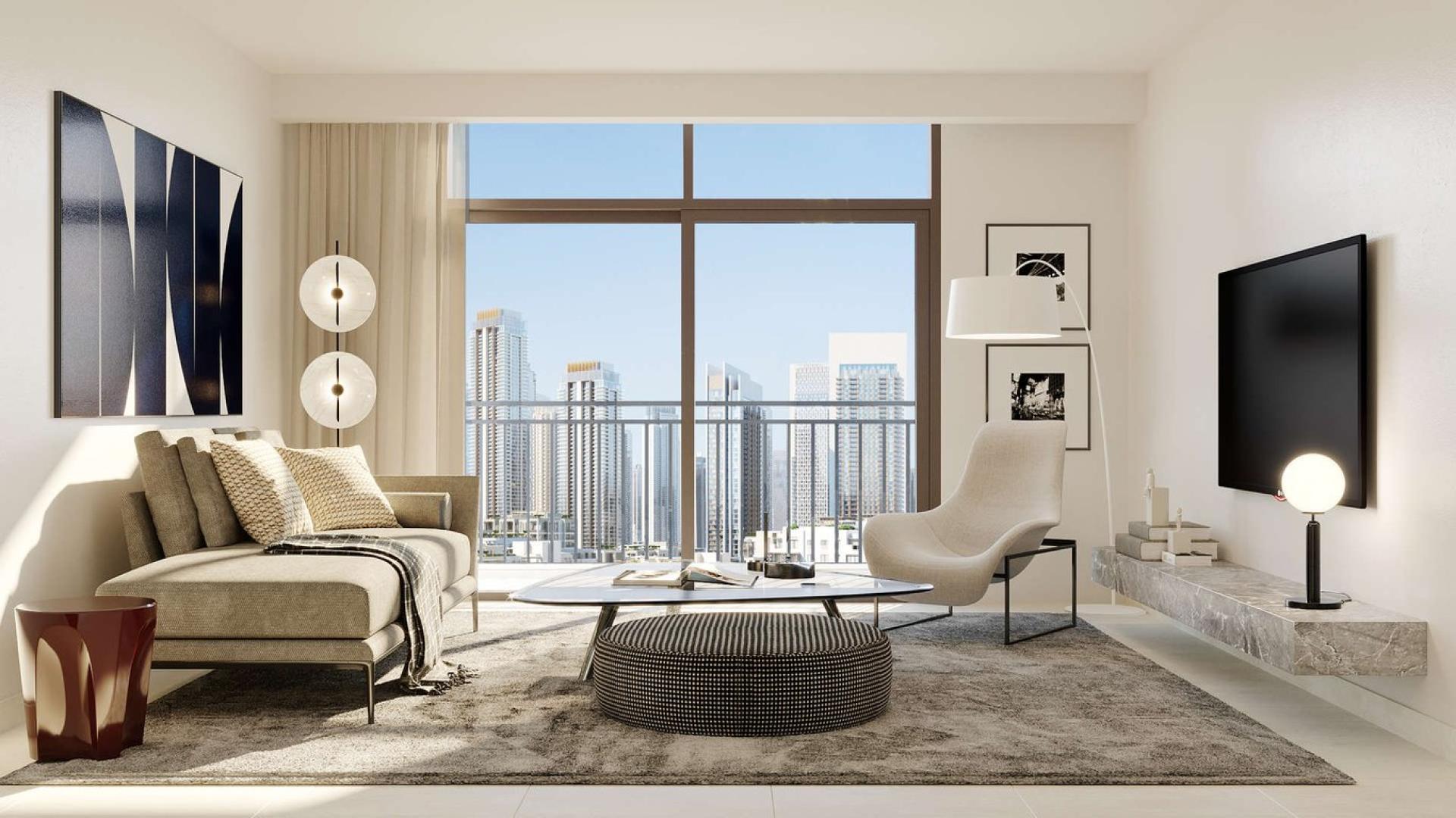 Modern living room in Creek Palace apartment, Dubai Creek Harbour with city view