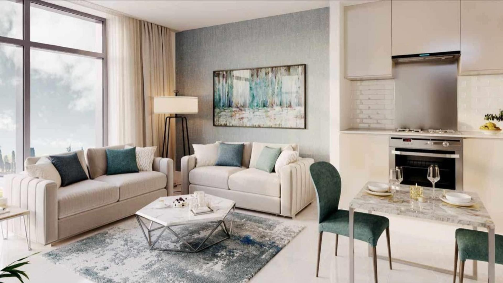 Modern living room in 1-bedroom apartment at Sobha Creek Reserve, Sobha Hartland, Dubai