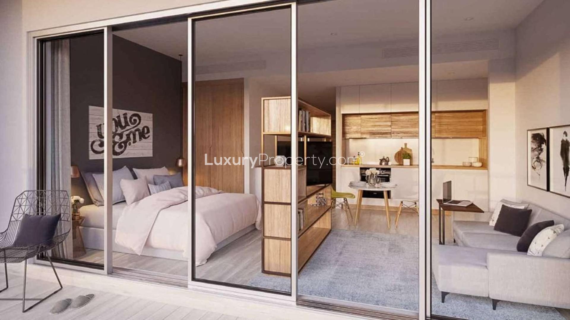 Elegant one-bedroom apartment interior in Studio One, Dubai Marina, featuring modern decor