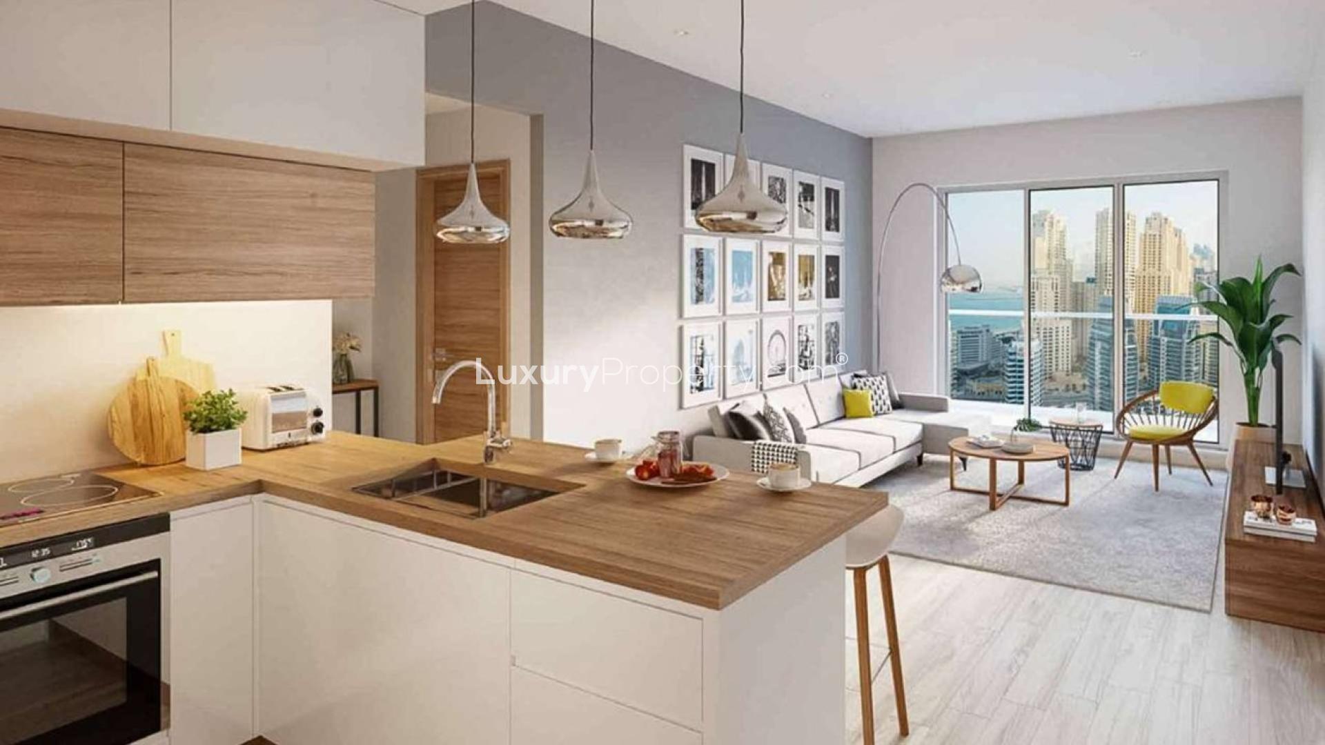 "Modern lobby of Studio One, Dubai Marina apartment for sale, elegant design and lighting.",Elegant one-bedroom apartment interior with modern kitchen and living area in Studio One, Dubai Marina
