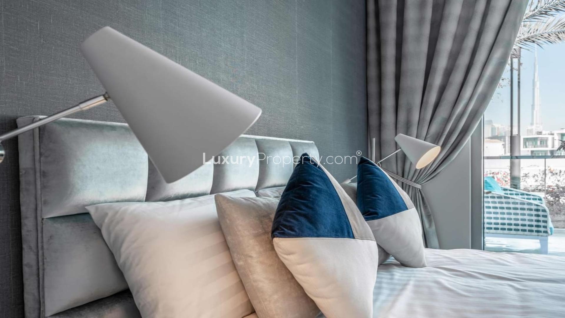 Modern furnished kitchen and living area in District One apartment, Mohammed Bin Rashid City