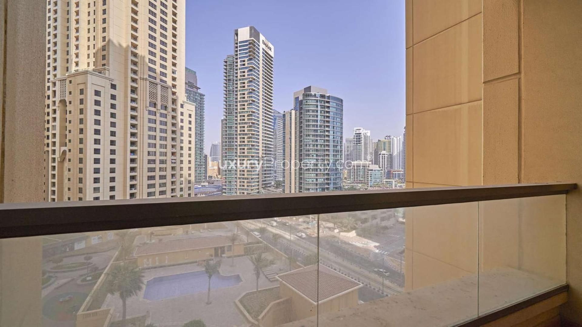 Skyline view from Rimal 4 apartment, Jumeirah Beach Residence, showcasing modern high-rise buildings