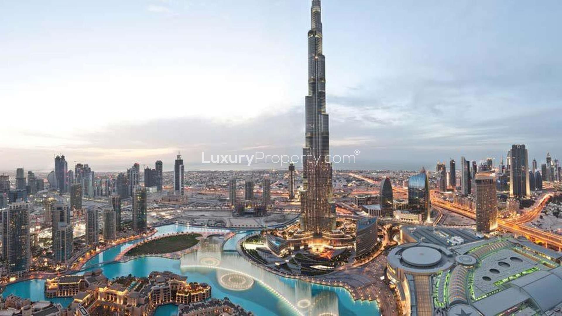 Elegant living room with city view in Downtown Dubai apartment, Opera District