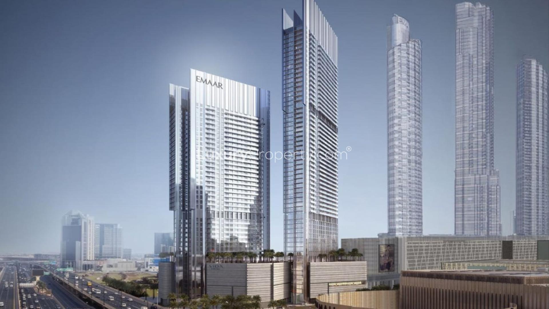 Aerial view of Vida Residences Dubai Mall, Downtown Dubai, showcasing modern architecture and pool area