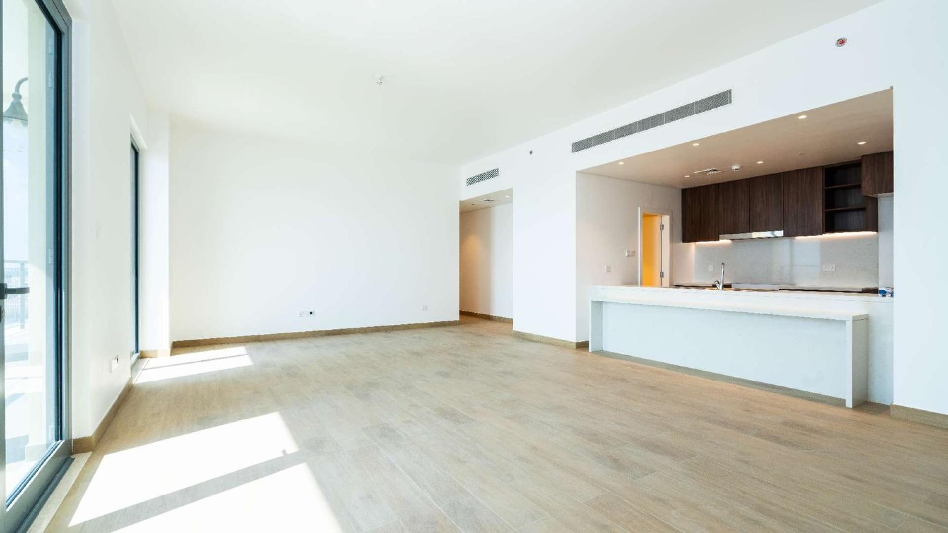 Interior view of La Rive apartment with oceanfront balcony, Port De La Mer, Dubai