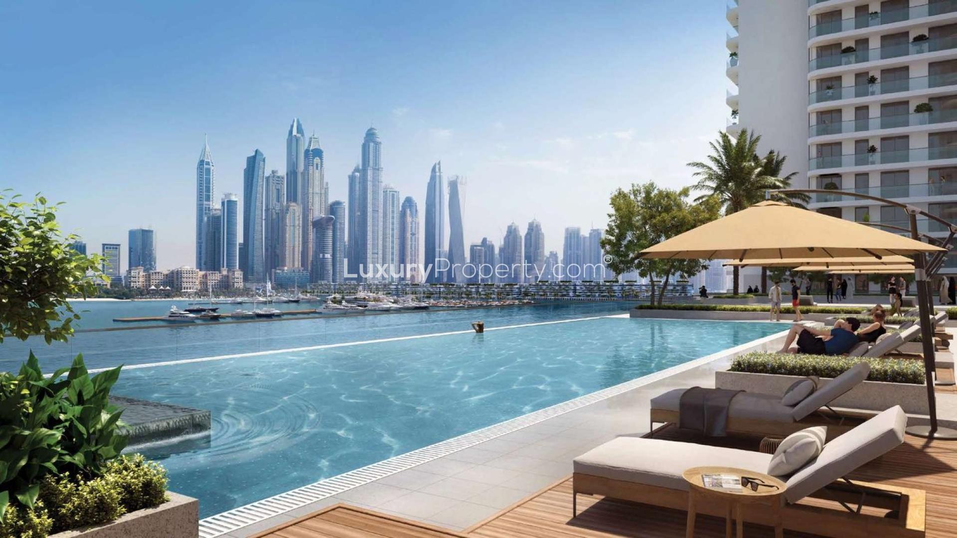 Luxurious Dubai Harbour apartment bedroom with stunning Arabian Sea views at Emaar Beachfront
