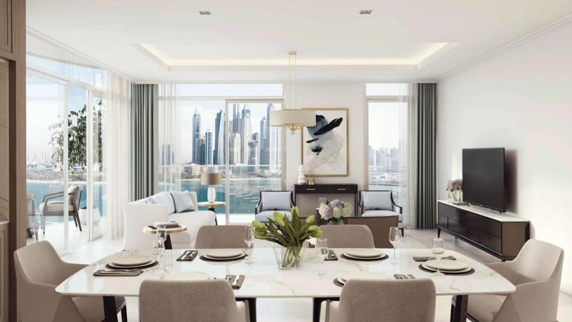 Modern beachfront apartment interior with city skyline view, Emaar Beachfront, Dubai Harbour