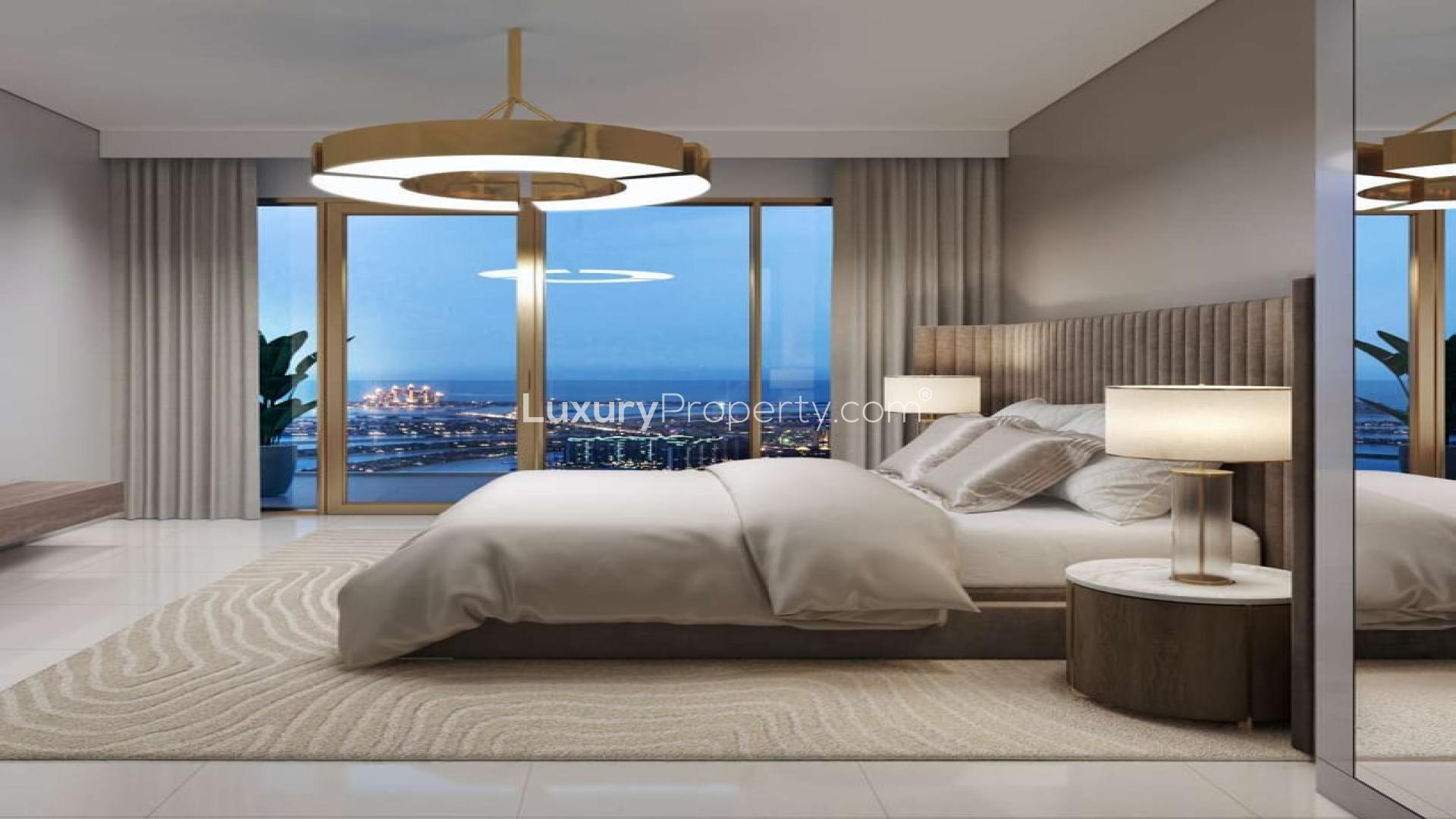 Modern dining area with city skyline view, Emaar Beachfront apartment, Dubai Harbour