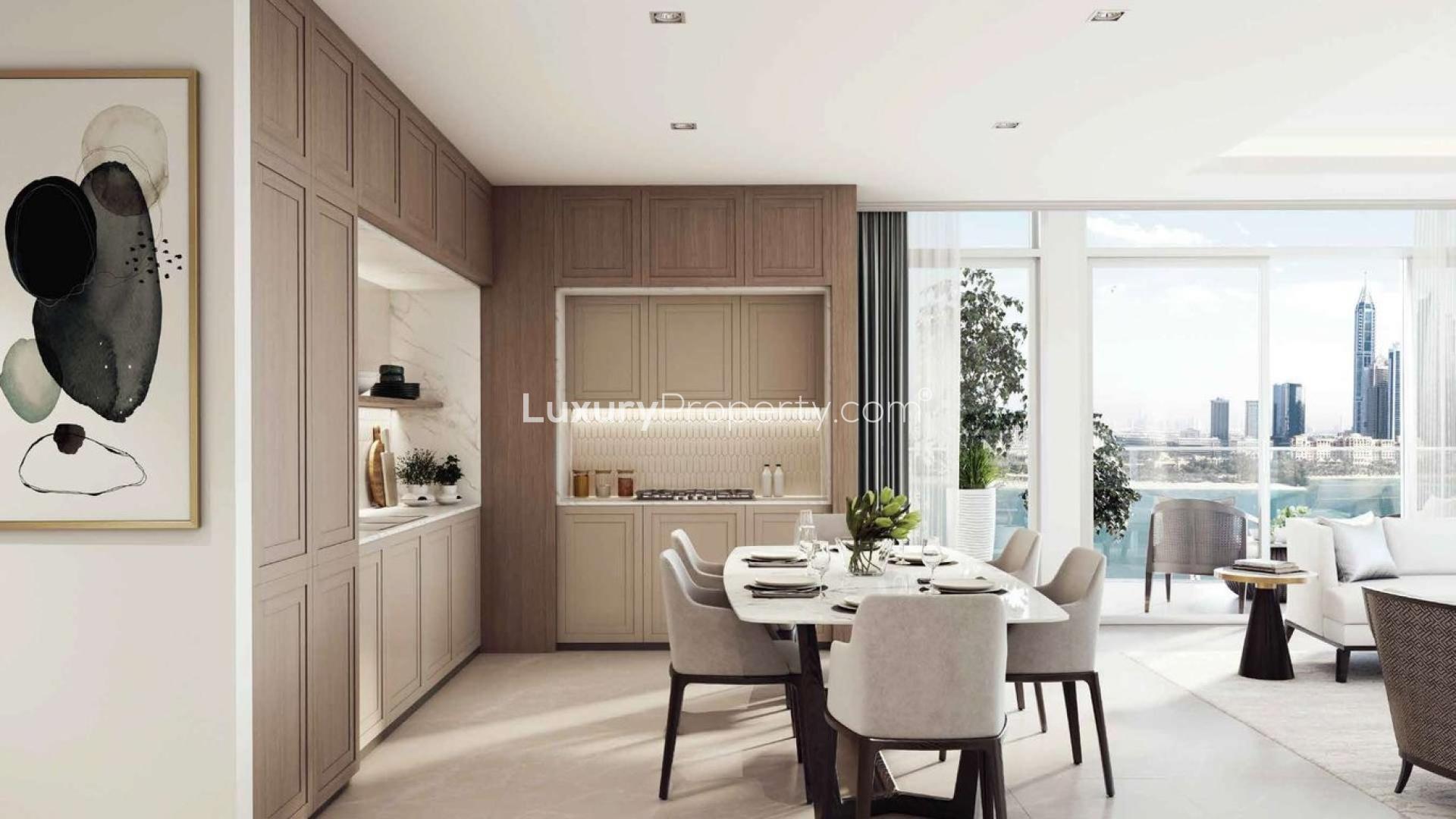 Stylish beachfront apartment interior with dining area, modern kitchen, and cityscape view, Dubai Harbour
