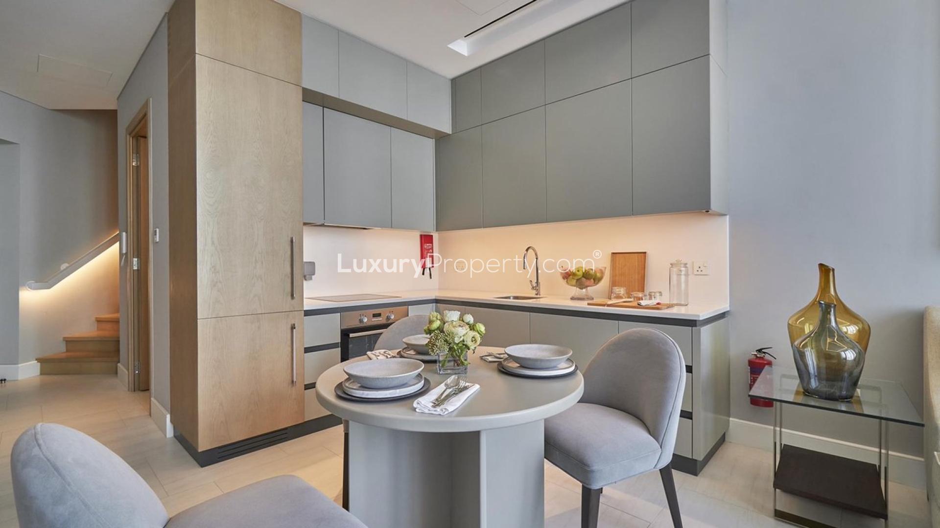 Modern open-plan living area in luxury loft, Business Bay, Dubai, with city views