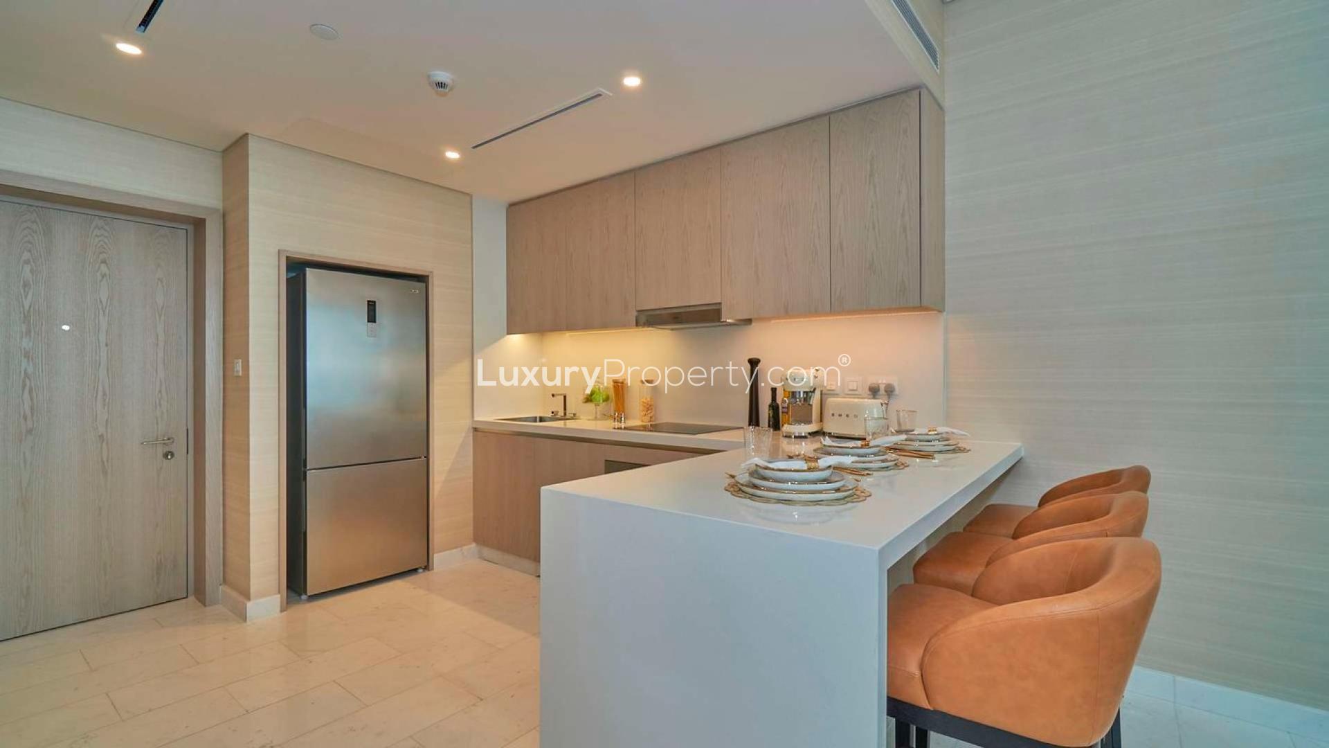 Apartment view of Palm Jumeirah skyline and Arabian Gulf from The Palm Tower