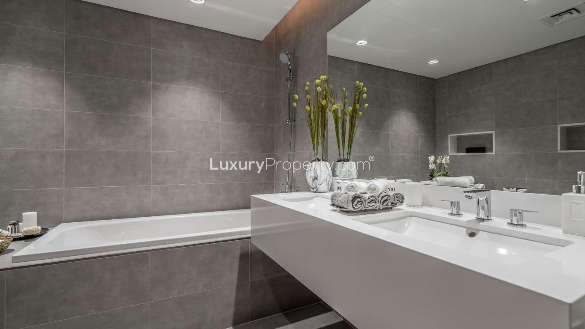 Luxury apartment living room with lagoon view in District One, Mohammed Bin Rashid City