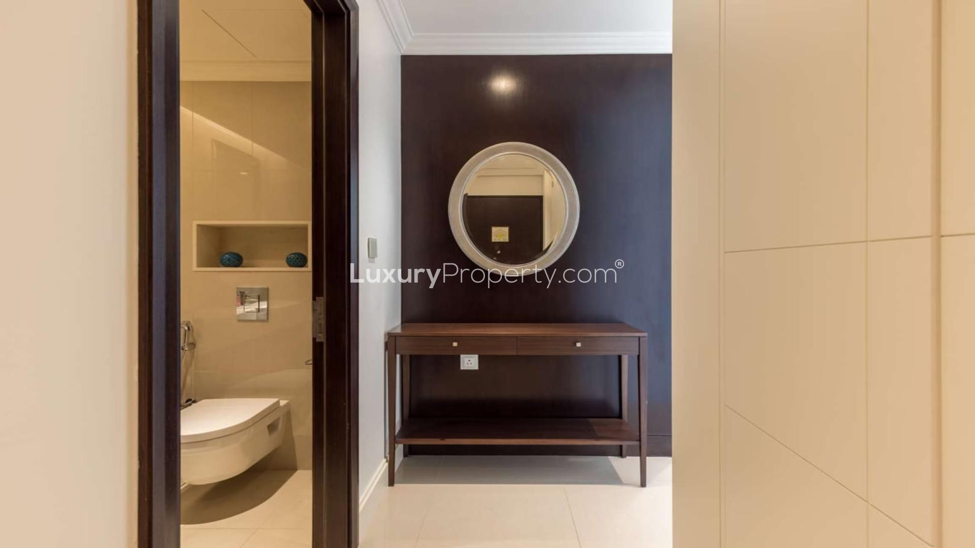 Dining area in one-bedroom furnished apartment, Fountain Views, Downtown Dubai, with city view