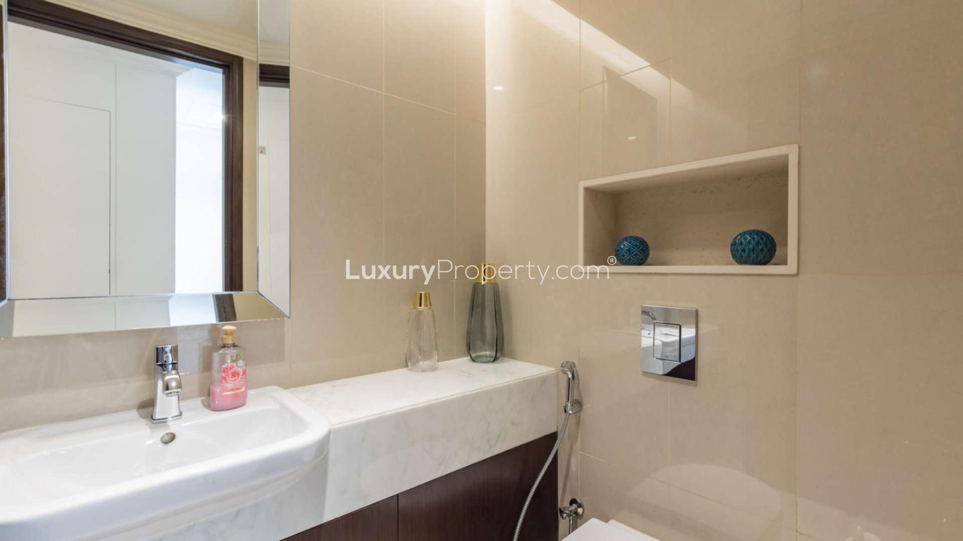 Furnished living room in one-bed apartment, Fountain Views, Downtown Dubai, modern decor