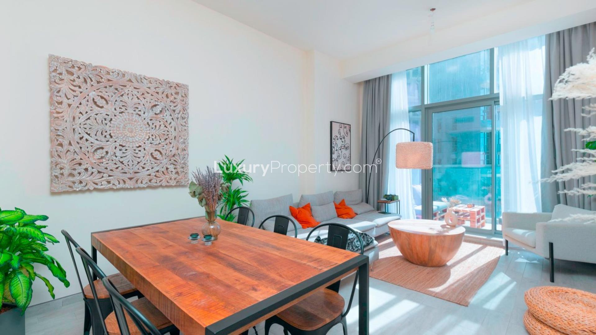Modern living room in Atria waterfront apartment, Business Bay, featuring stylish decor and natural light