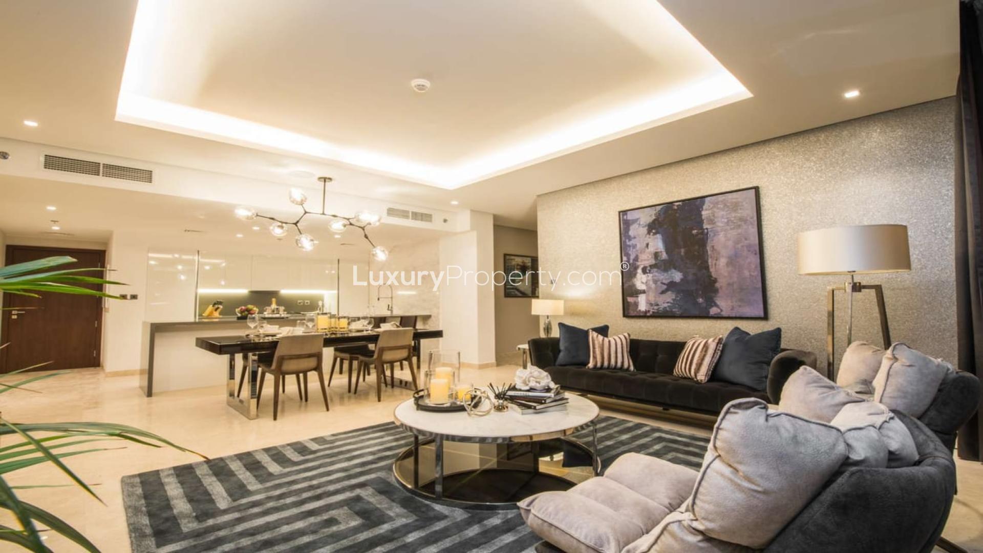 Luxurious living room in The Sterling apartment, Business Bay, Dubai. Modern decor and open layout