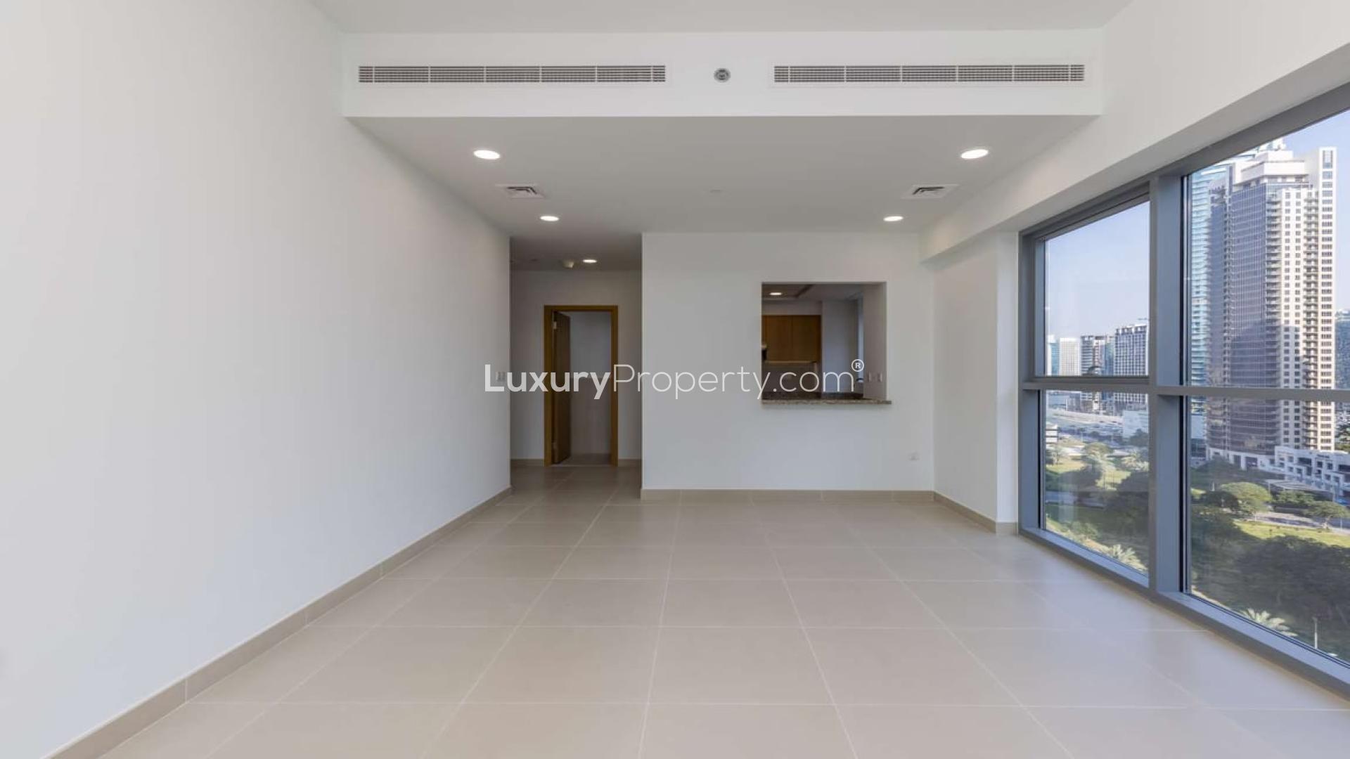 Balcony view from one-bed apartment at Bellevue Towers, Downtown Dubai, showcasing city skyline