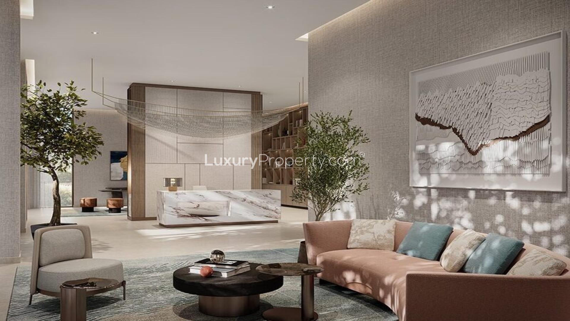 Luxurious bedroom with large windows in Cedar, Dubai Creek Harbour apartment for sale