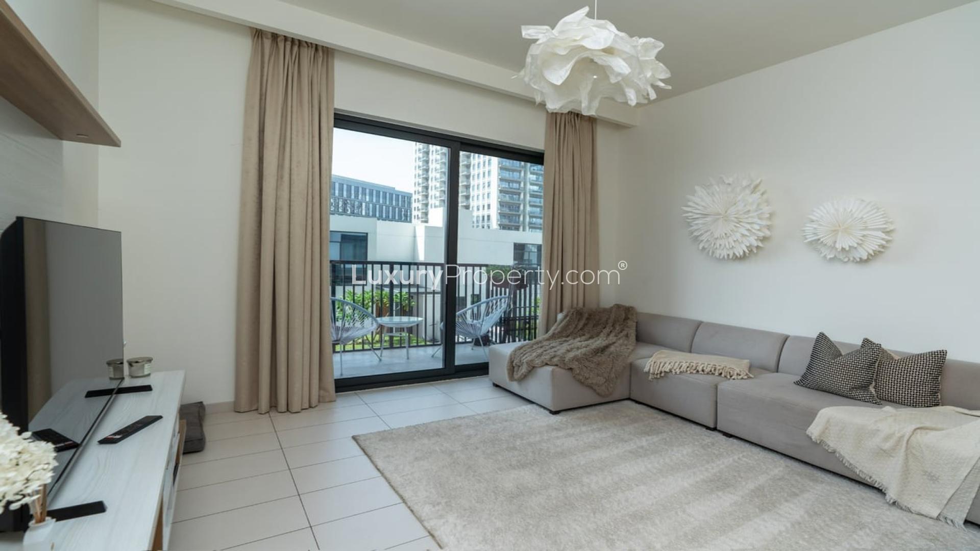 Modern living room and kitchen in 1-bedroom apartment, Dubai Hills Estate, Executive Residences 1
