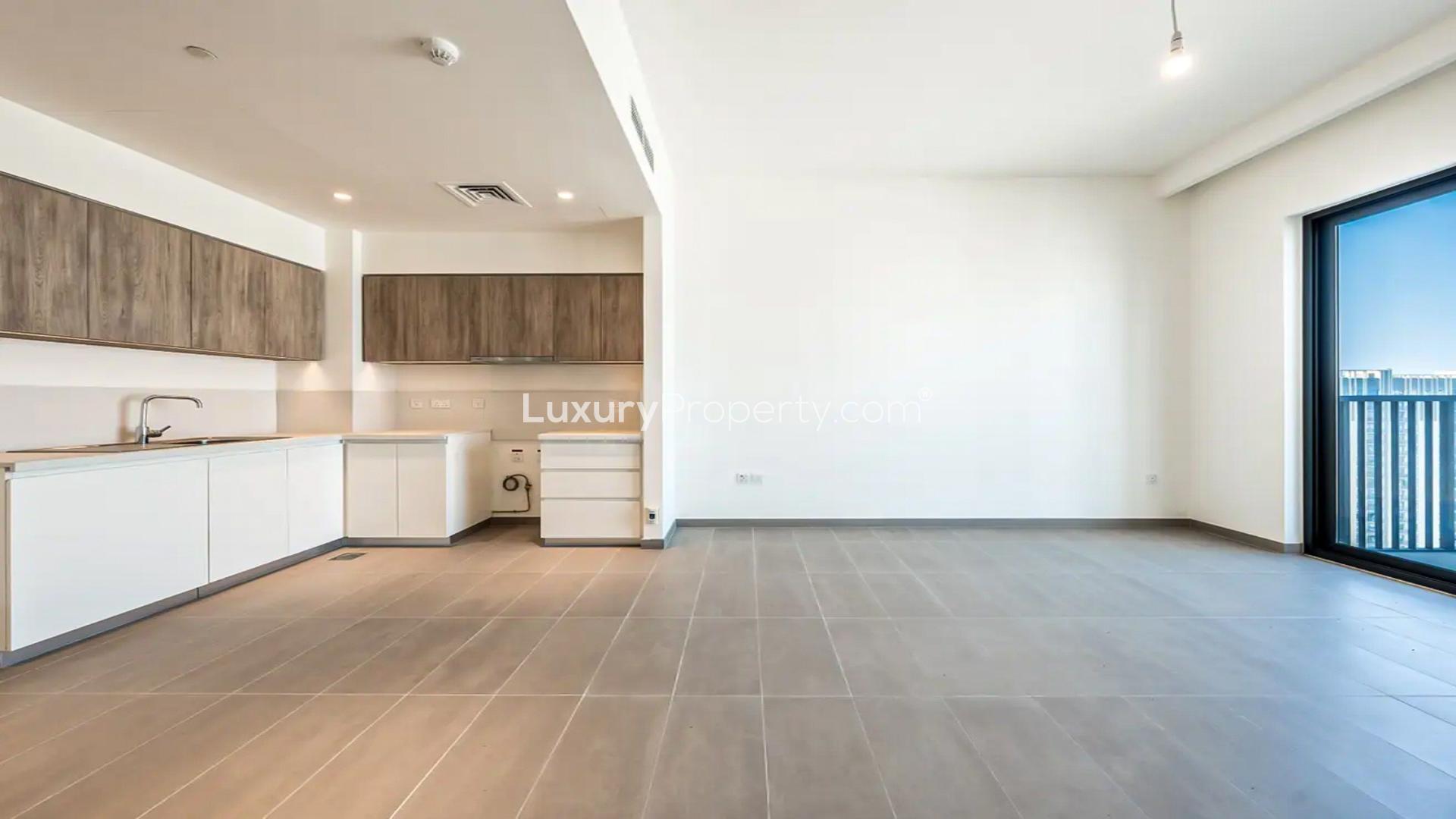 Modern apartment view in Dubai Hills Estate, Park Ridge community, showcasing nearby buildings and roads