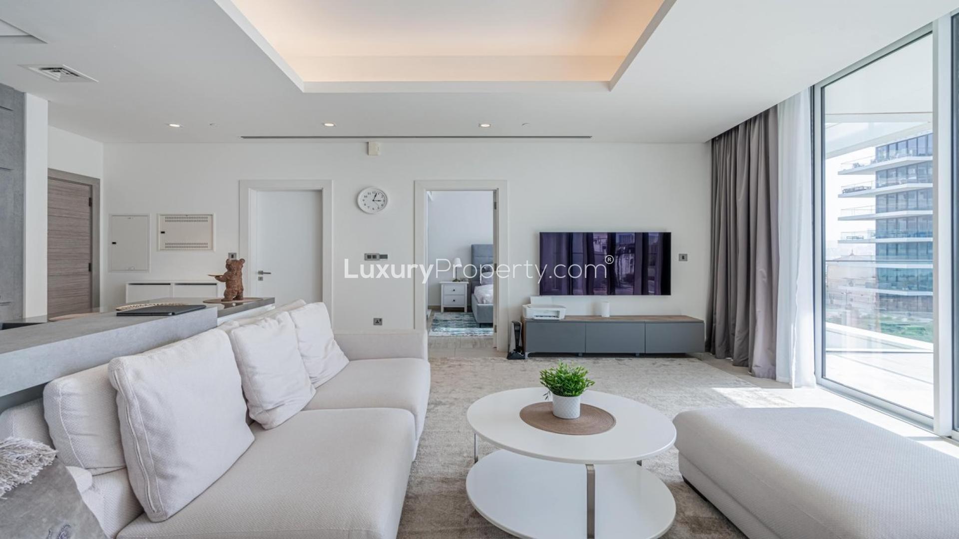 Luxurious living room in Serenia Residences, Palm Jumeirah apartment with modern decor and natural light