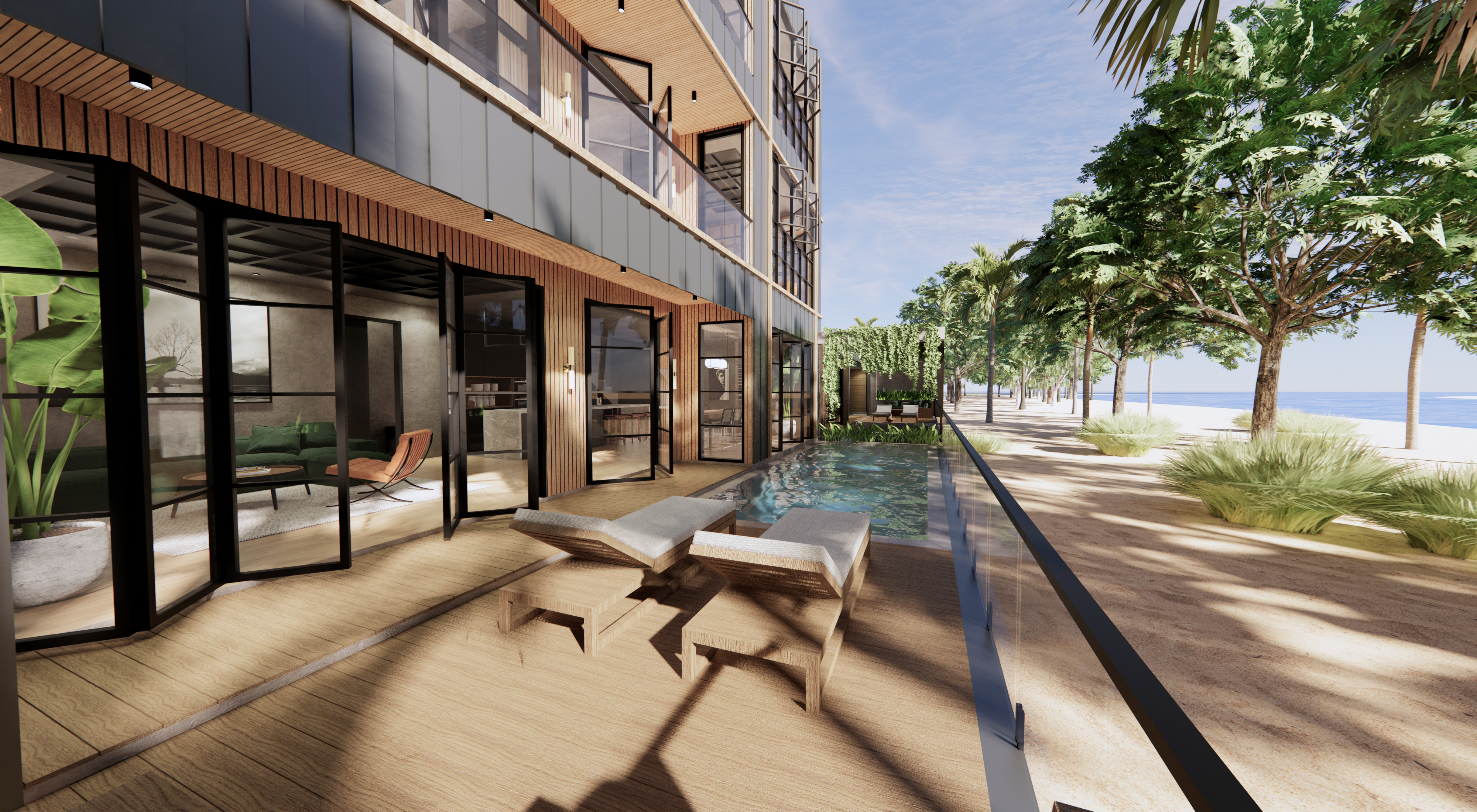 Luxurious bathroom with freestanding tub and ocean view in Bali loft apartment for sale