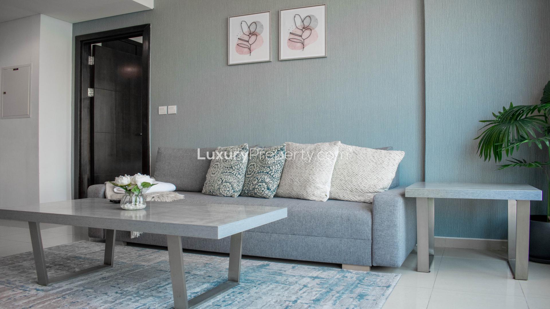 Luxurious living room in 1-bedroom apartment, Bay Central, Dubai Marina with city view