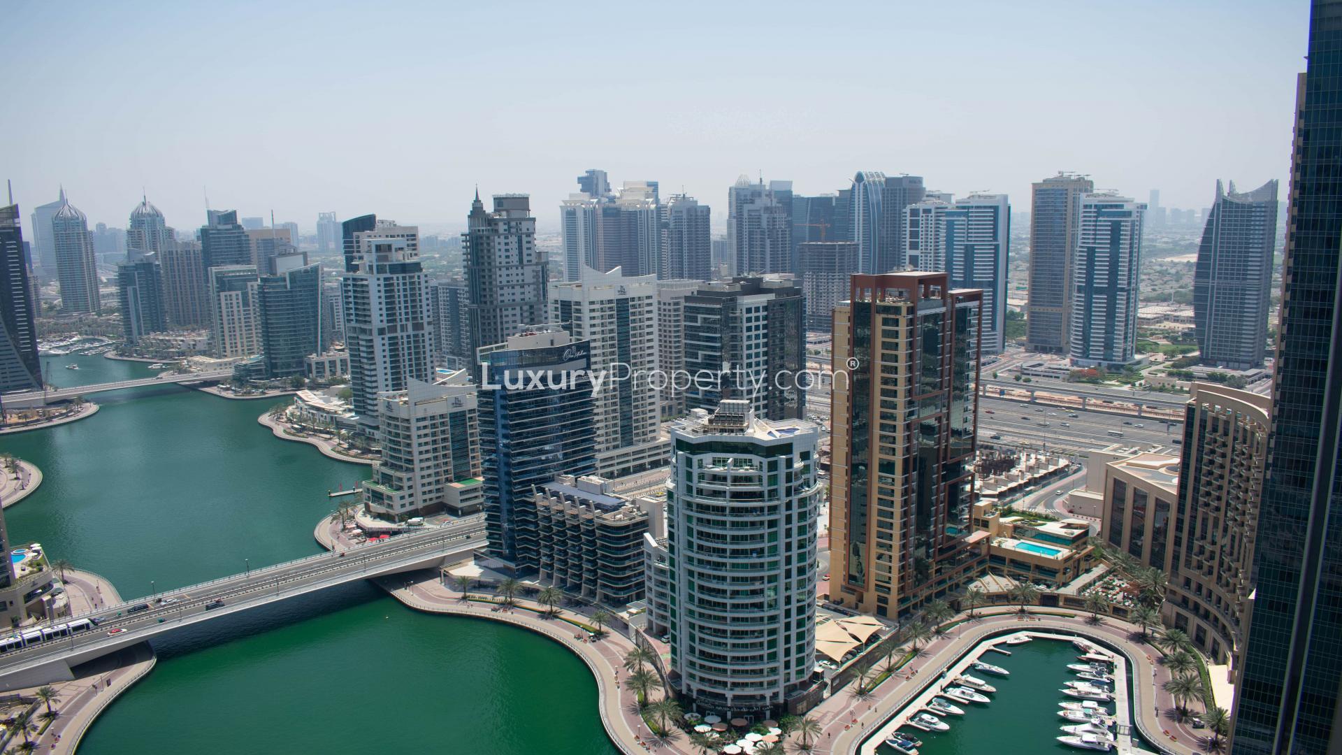 Luxurious living room in 1-bedroom apartment, Bay Central, Dubai Marina, modern decor and furnishings