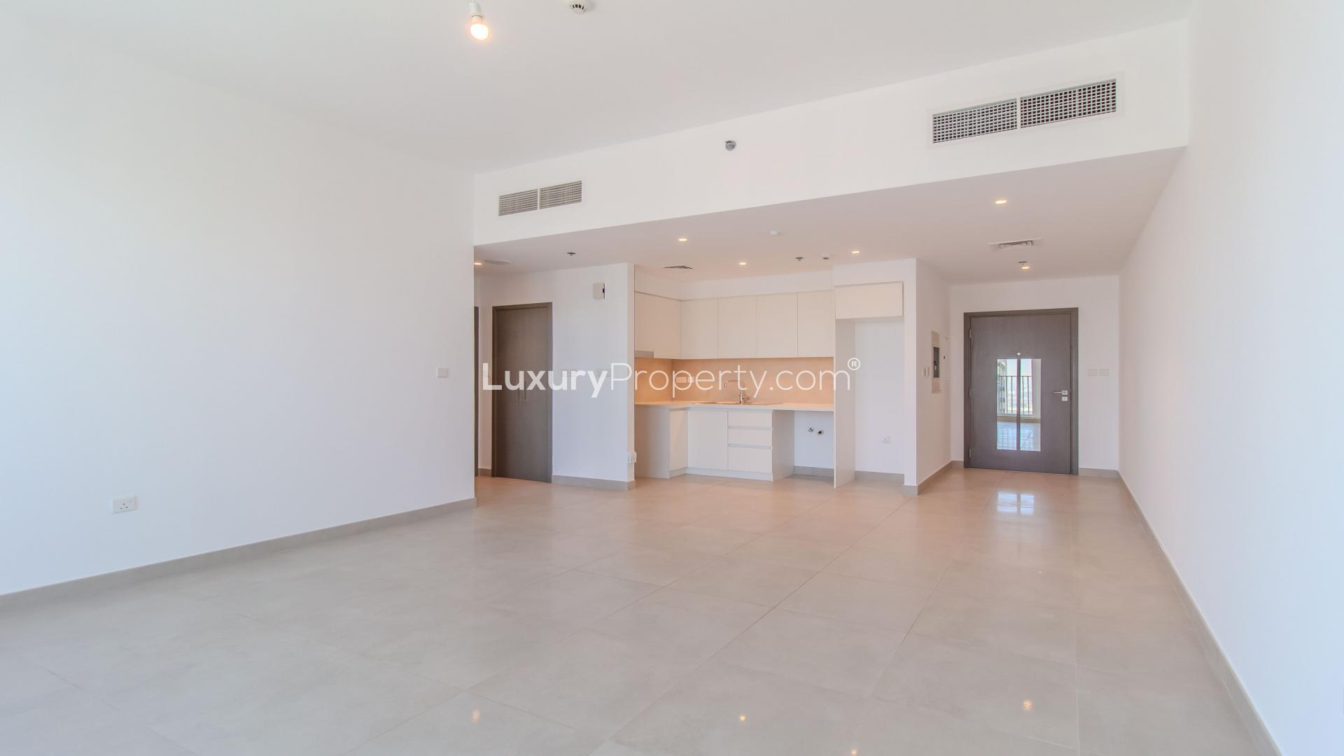 High-floor apartment view of Dubai Creek Harbour skyline and waterfront, Creek Horizon community
