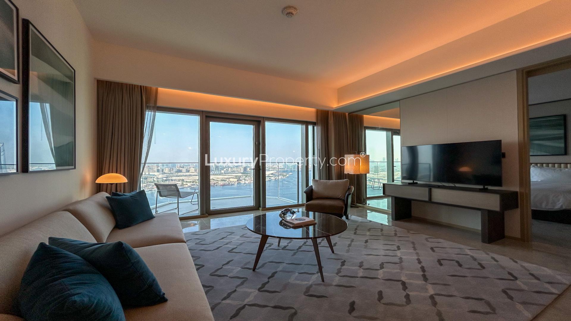 Luxurious living room with Burj Khalifa view in Dubai Creek Harbour apartment