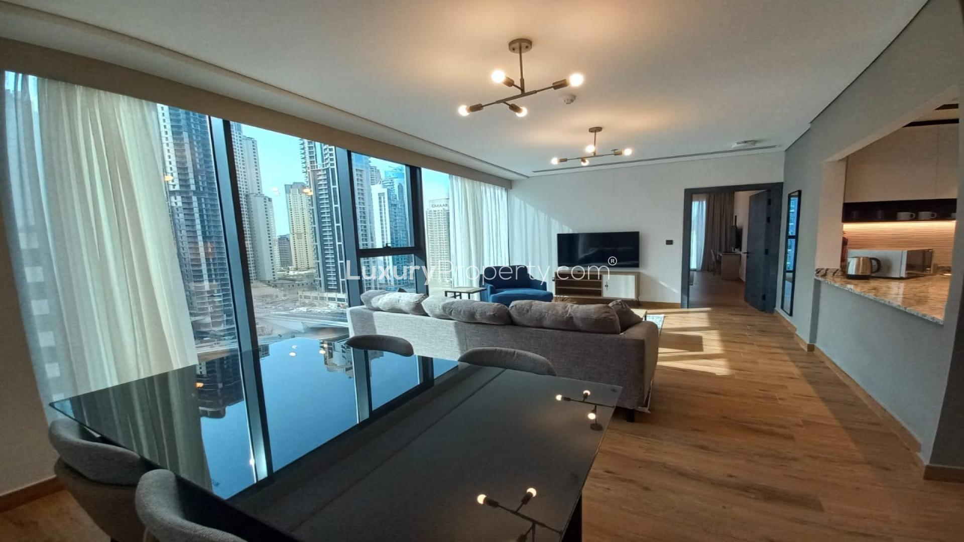 Furnished apartment living room with marina view in Dubai Marina Moon, available for rent