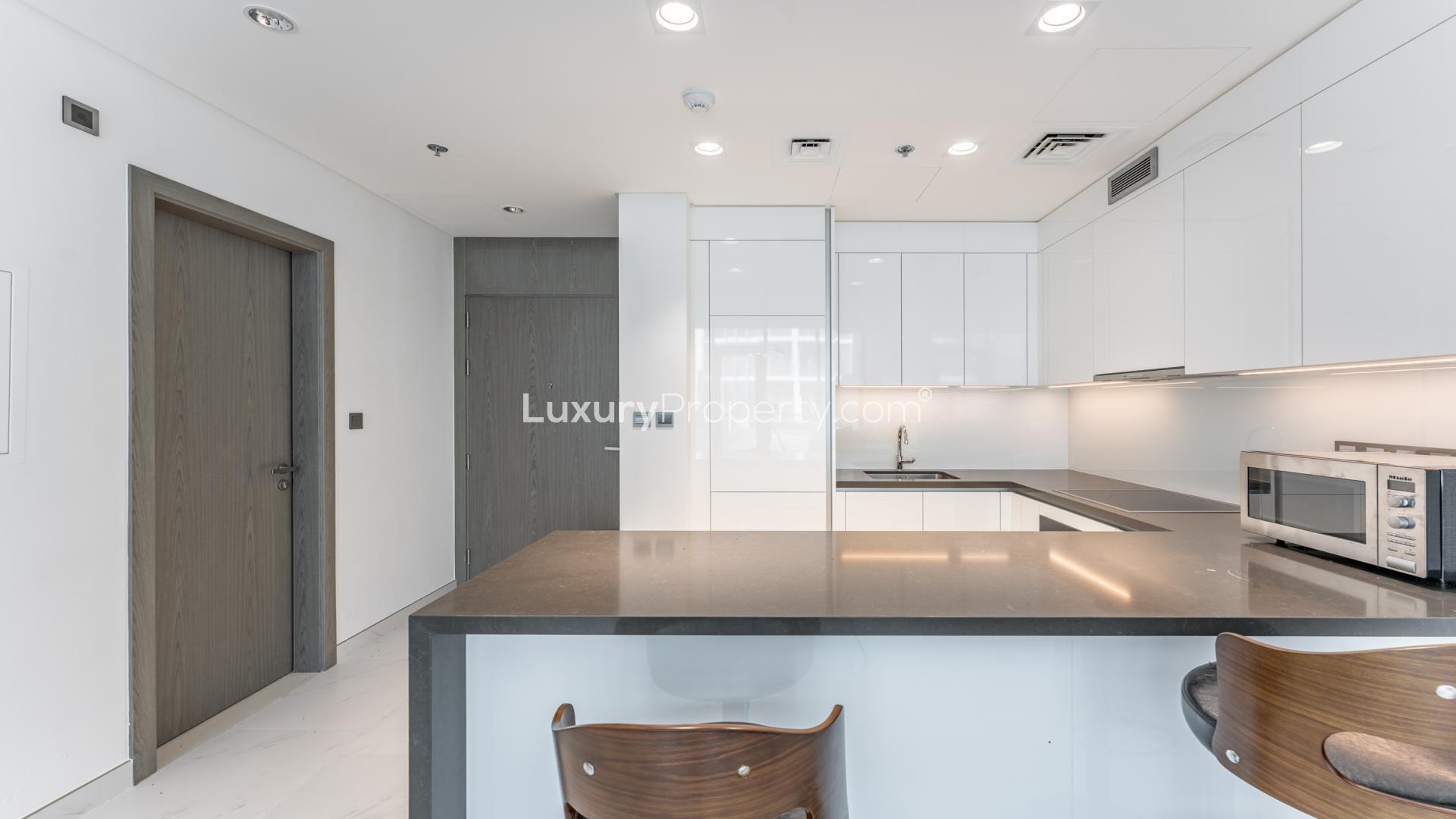 Furnished apartment living room with modern decor in District One, Mohammed Bin Rashid City