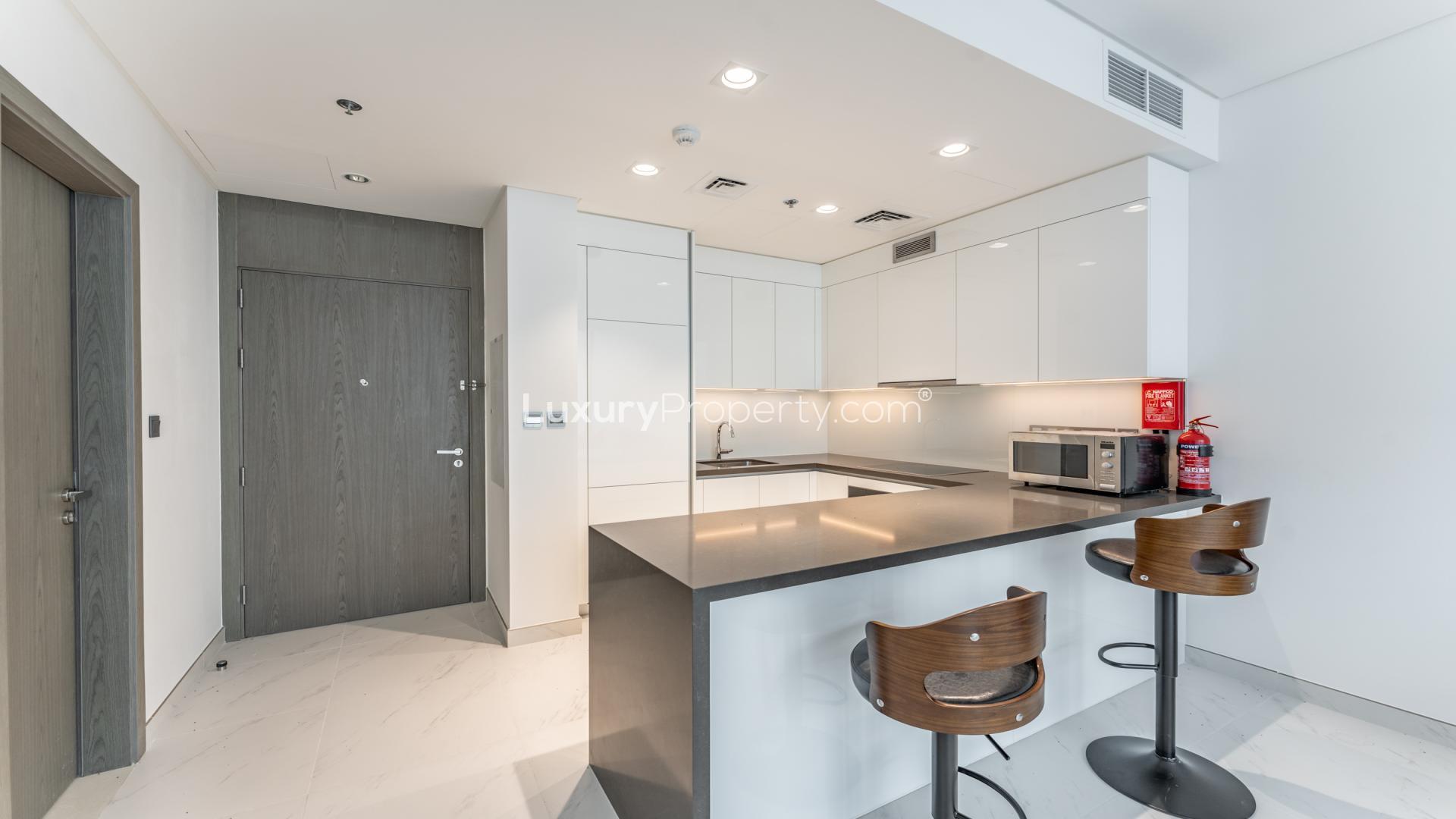 Furnished kitchen in ground-floor apartment, District One, Mohammed Bin Rashid City, available for rent