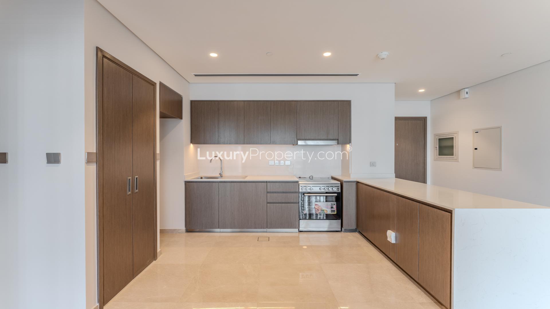 Spacious Downtown Dubai apartment interior with modern kitchen and large windows offering city views