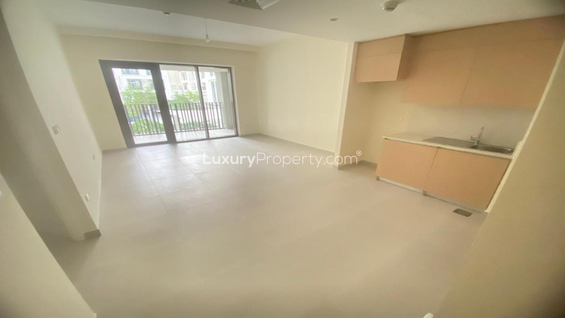 Empty living area in 1-bedroom apartment, Lotus at Creek Beach, Dubai Creek Harbour