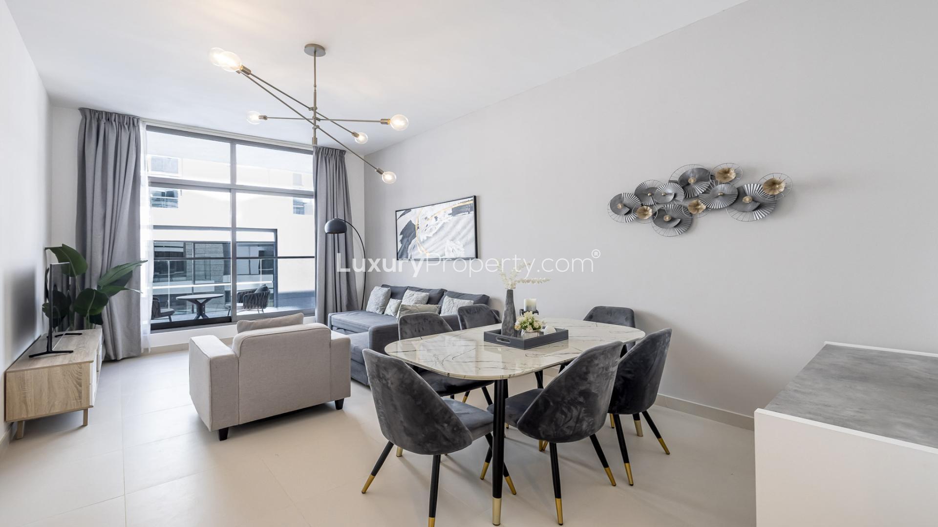 Modern living room in Prescott Prime Views, Meydan apartment for rent, featuring stylish furnishings