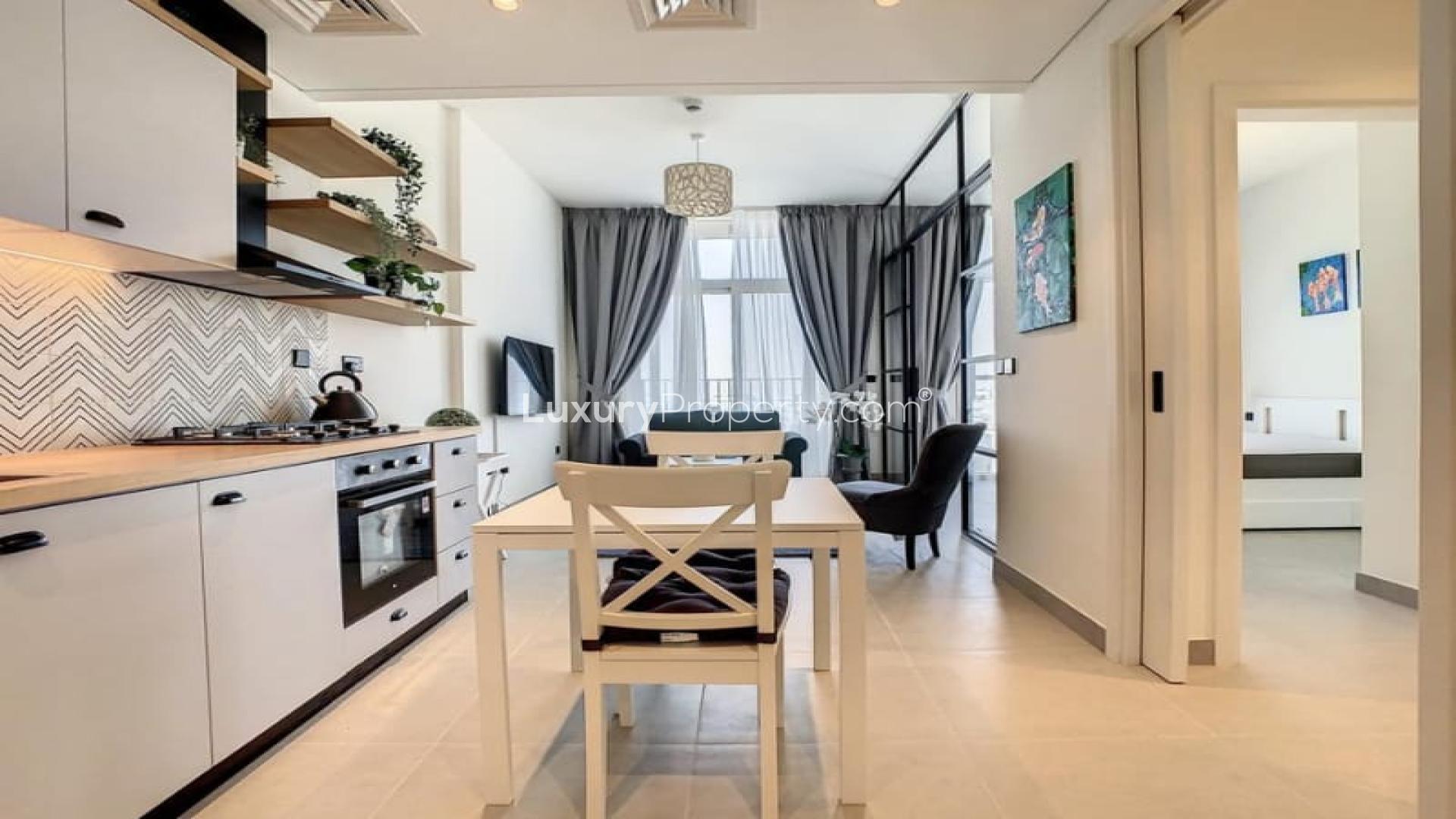 "Modern furnished apartment with kitchen