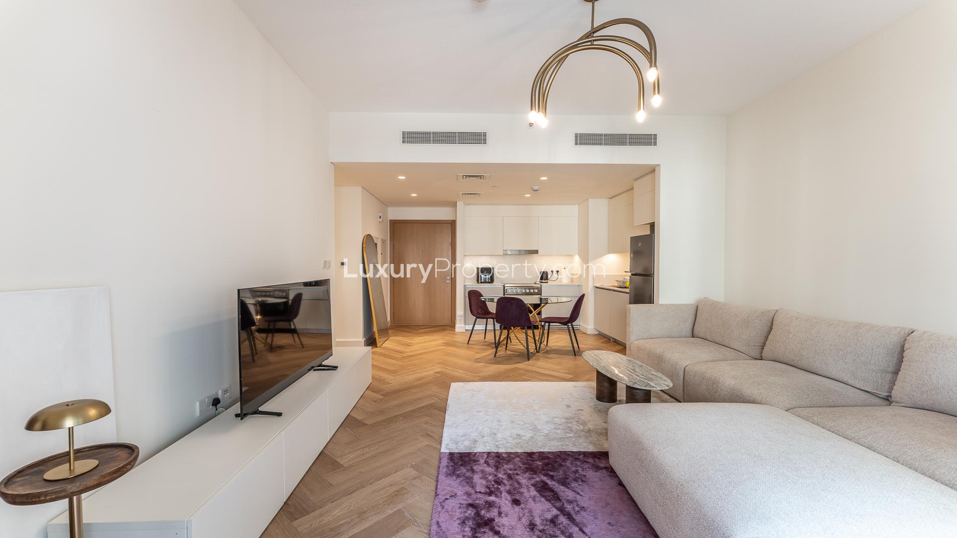 Furnished living area and kitchen in 1-bedroom apartment, Surf Building 1, Dubai Creek Beach