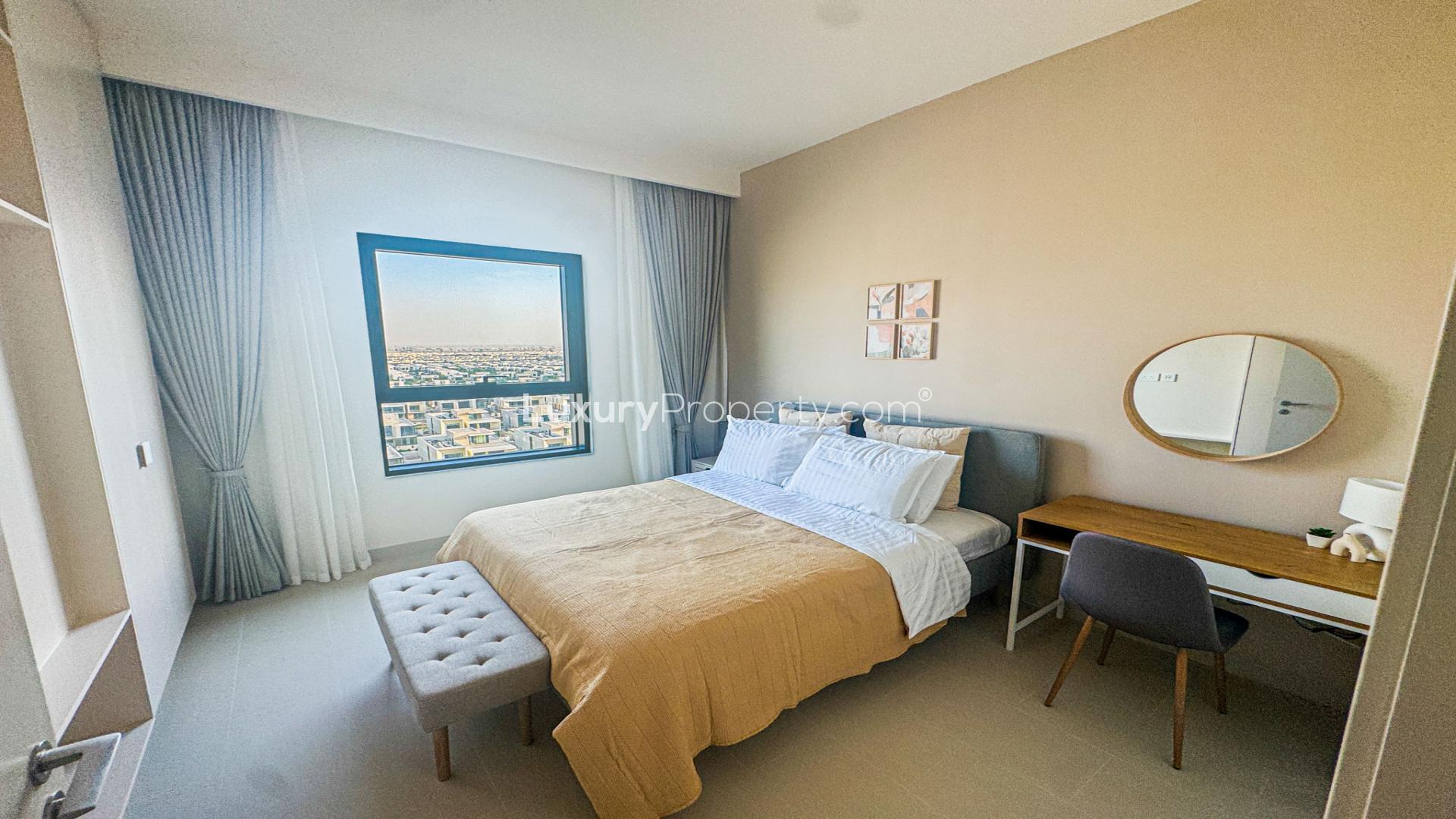 N/A,Modern bedroom in Park Field Tower 1, Dubai Hills Estate, with city view and desk