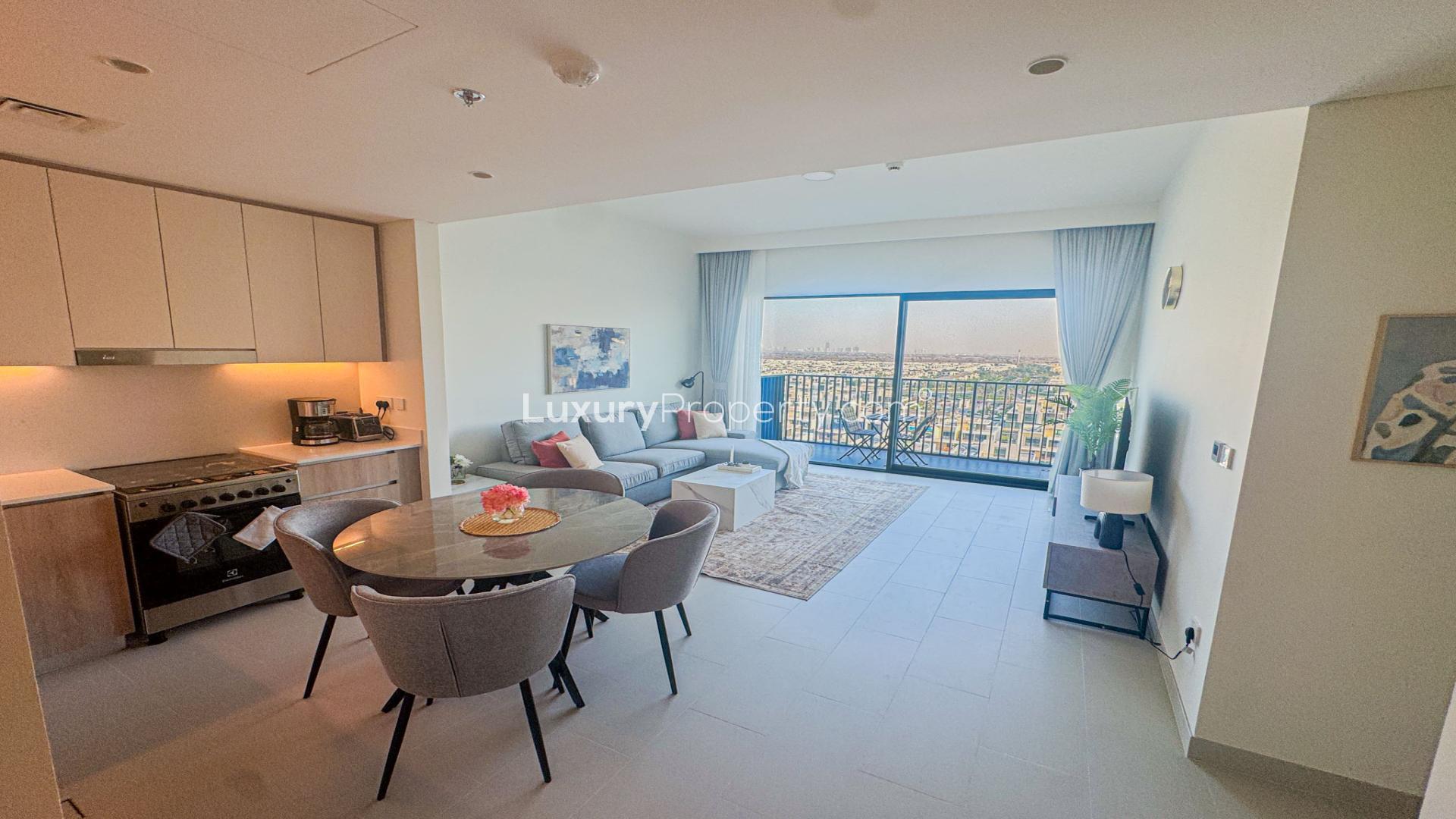 Modern living area in 1-bedroom apartment, Park Field Tower 1, Dubai Hills Estate